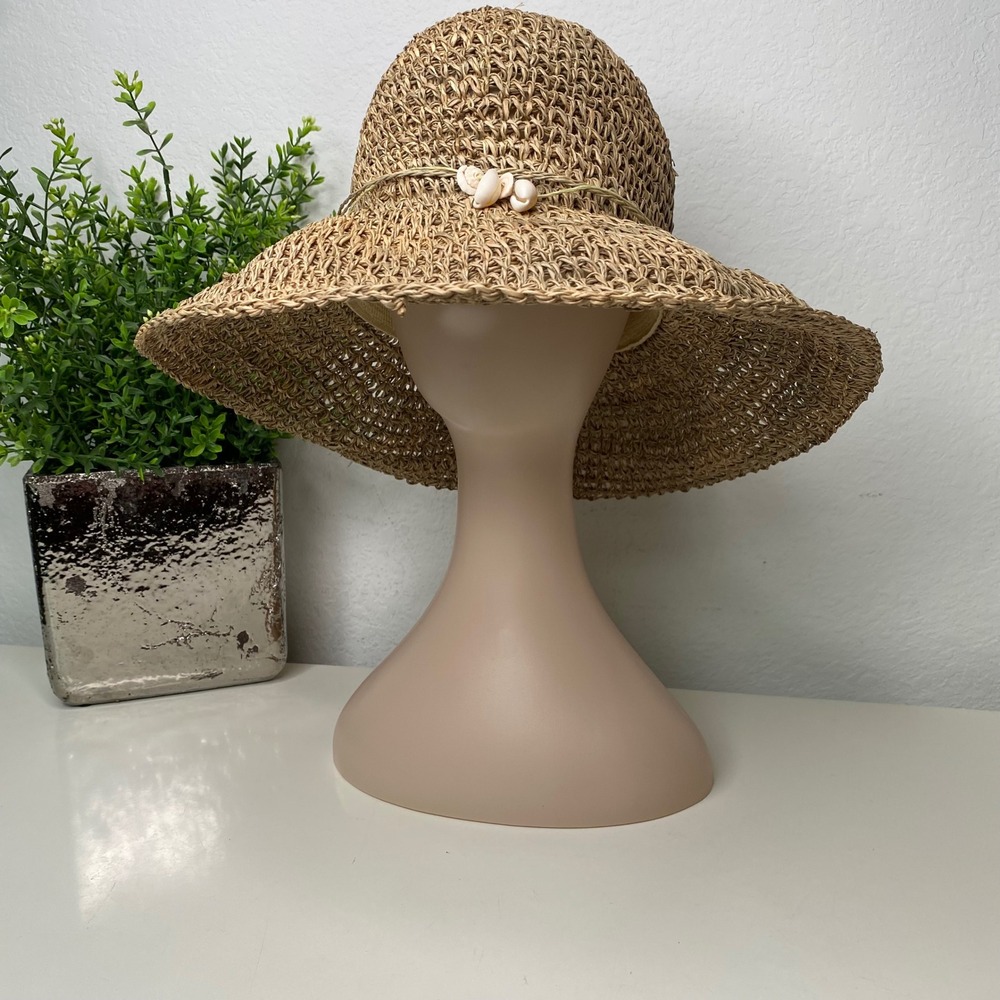 Sun N Sand Straw Sun Hat Seashells Boho Beach Vacation Floppy Wide Brim